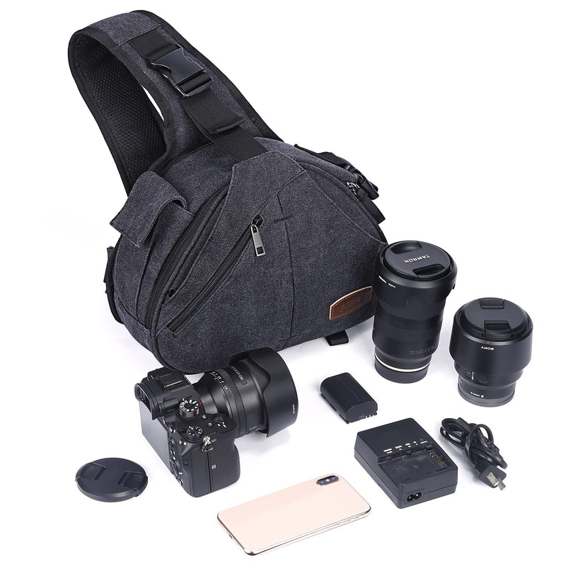 [AUSTRALIA] - S-ZONE Canvas Camera Sling Bag DSLR Lens Anti-theft Backpack Shoulder Crossbody Case with Tripod Holder Dark Gray 