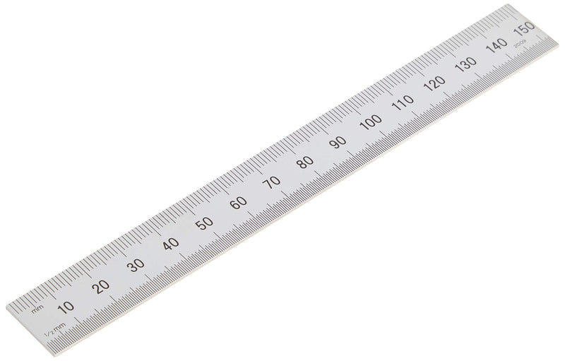 Mitutoyo 182-105, Steel Rule, 6" X 150mm, (1/32, 1/64", 1mm, 1/2mm), 3/64" Thick X 3/4" Wide, Satin Chrome Finish Tempered Stainless Steel