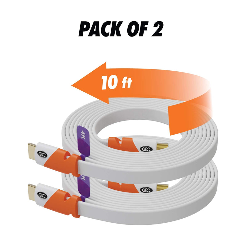 Flat HDMI Cable 10 ft - 2 Pack - High Speed HDMI Cord - Supports, 4K Video, 2160p, Latest Standard, HDCP 2.2 Compliant - 10 Feet 10 feet 2-pack