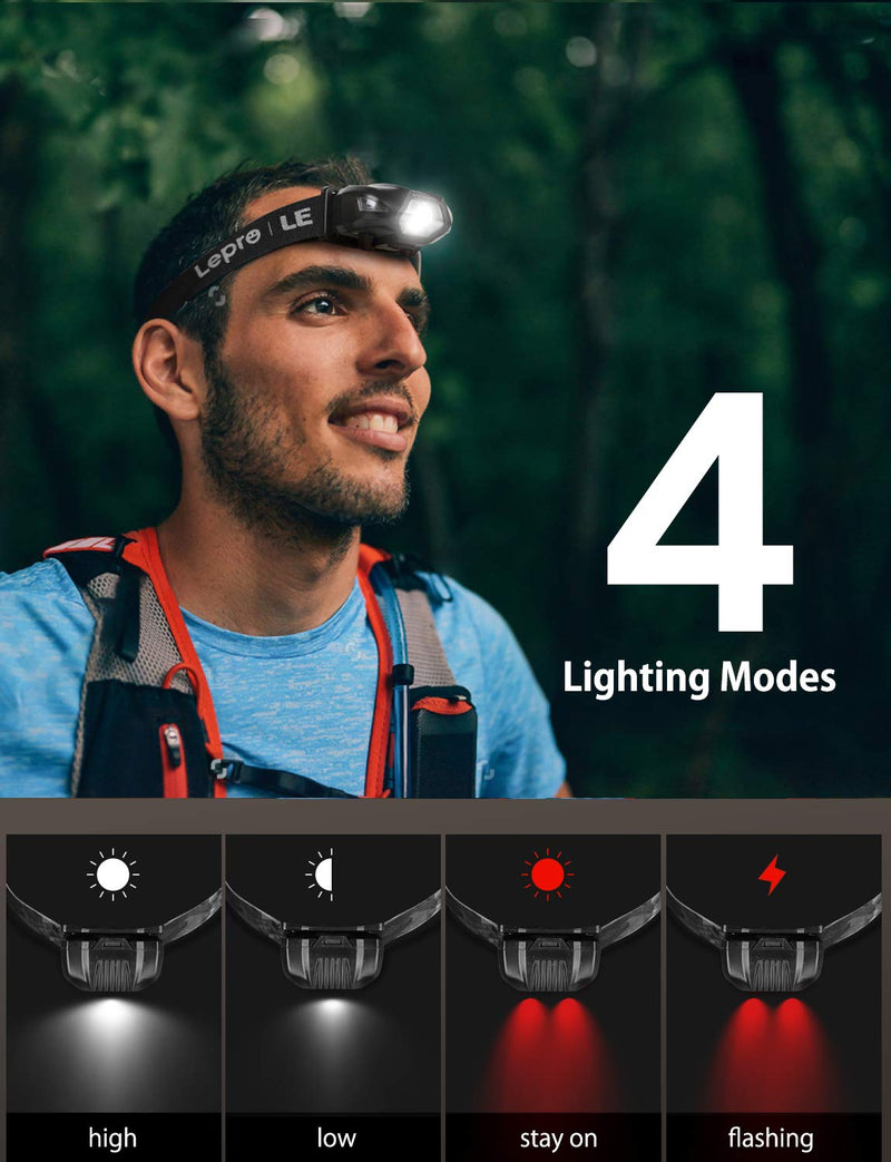 Lepro LED Headlamp, 4 Lighting Modes, Comfortable Head Torch for Adults and Kids, Lightweight Headlight for Outdoor Camping, Running, Hiking, Reading and More, AA Battery Included