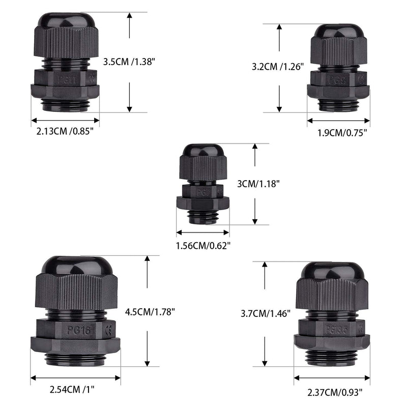 Cable Gland Nylon Plastic Waterproof Adjustable, Cable Glands Joints Wire Protectors- Pg7, Pg9, Pg11, Pg13.5, Pg16 35pcs