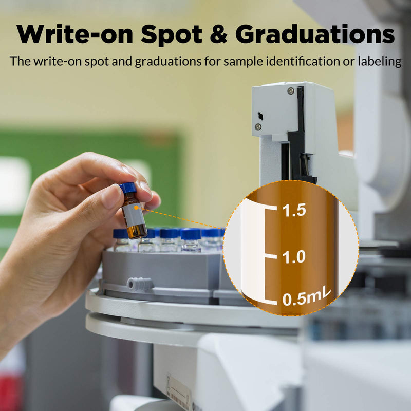 Autosampler Vials, Membrane Solutions 2ml HPLC Vials, 9-425 Lab Amber Vials with Write-on Spot and Graduations, 9mm Blue ABS Screw Caps & Septa for GC Sample Vials, 100 Pcs 100pcs Amber Vial & White PTFE septa