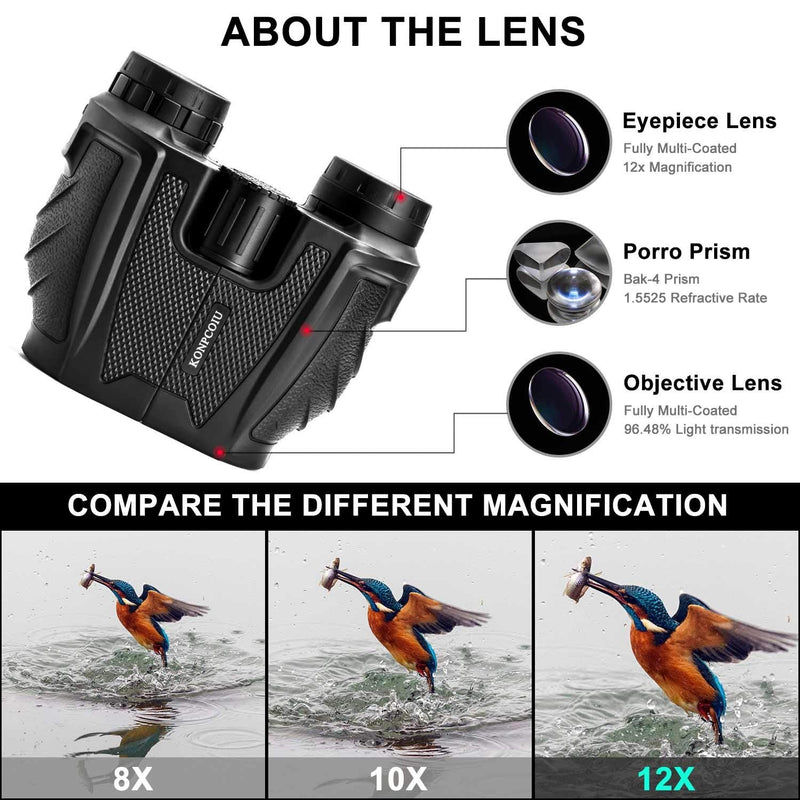 12x25 Binoculars for Adults and Kids, Clear Weak Light Vision, Compact Waterproof Binocular with BAK4 FMC Lens, High Power Easy Focus for Bird Watching, Hunting, Travel, Sport Games, Sightseeing Deep Black