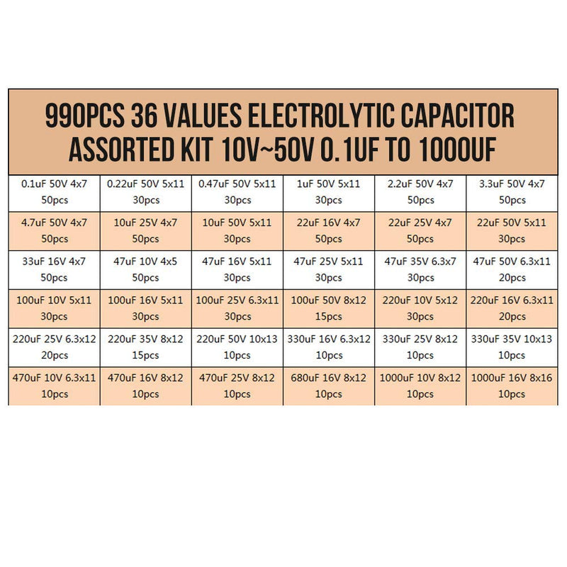 Electrolytic Capacitors, 1000Pcs 36 Values General Purpose Assortment Kit with Storage Box Range 10V~50V 0.1uF to 1000uF