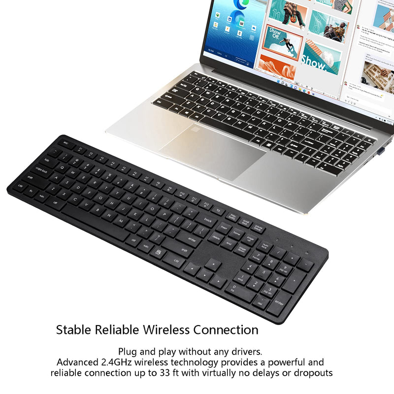 Harburfine Wireless Keyboard, 2.4G USB External Silent Cordless Keyboard for Windows Chrome Laptop Computer PC Desktop Notebook Chromebook, 106 Keys Full Size with Number Pad (Black) Black