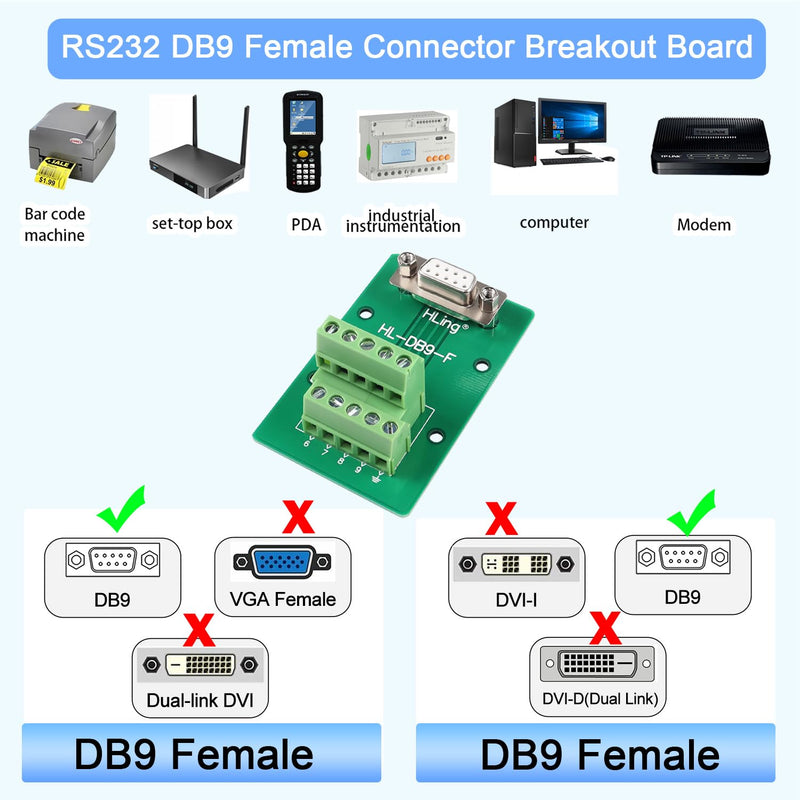 QIANRENON RS232 DB9 Female Connector Breakout Board DB9 Female to Wiring Terminal Solderless Adapter RS232 Serial Test Block Module, for DB9 Serial Communication Prototyping or Troubleshooting