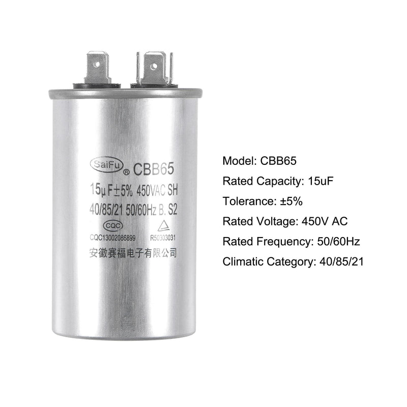 uxcell Run Capacitor Round CBB65 15uF 15mfd 450V AC 40/85/21 Aluminum Case with Terminal for Air Conditioner Compressor Motor Heat Pump Condenser 2Pcs