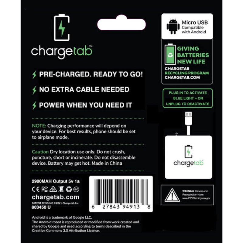 ChargeTab 3 Pack Micro USB Emergency Portable Charger for Cell Phones, Gaming Devices, Controllers & Electronic Devices, Pre-Charged Battery Pack (2900Ah Each)