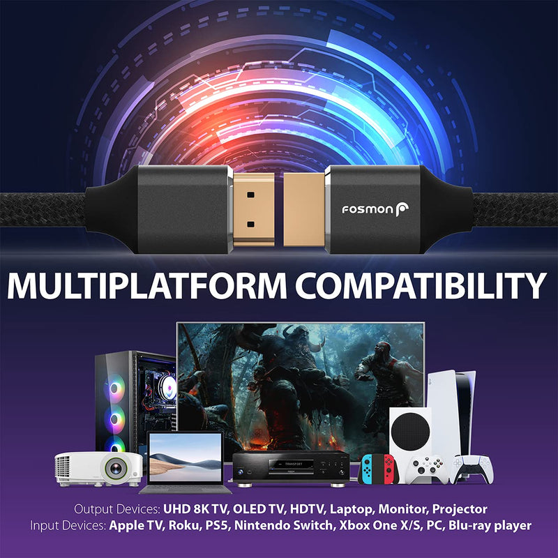 Fosmon HDMI 2.1 Cable 8K@60Hz 6.5ft, Premium Certified In-Wall CL3 Rated, 48Gbps Ultra High Speed, 4K@120Hz, Dynamic HDR, HDCP 2.3, 3D, eARC, 30AWG Cotton Braided Compatible with UHD TV Monitor & More 1 6.5 FT