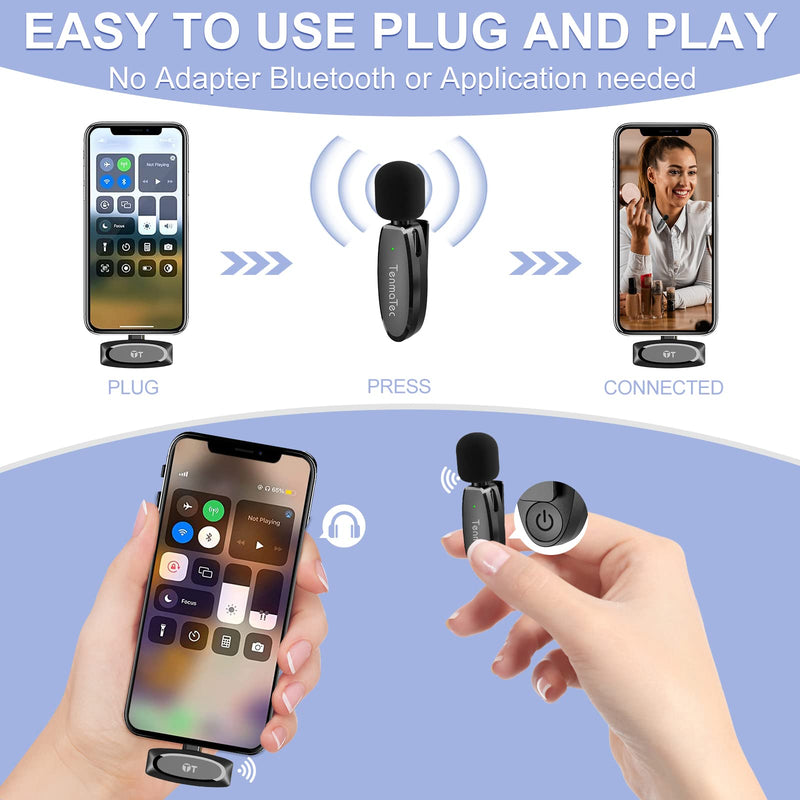 TenmaTec iPhone Microphone, Wireless lavalier Microphone for iPhone Video Recording,Clip on Microphone,Mini Lapel Microphone for iPhone Interview,Podcast,YoTube,TikTok, Facebook-Dual Mics Blue