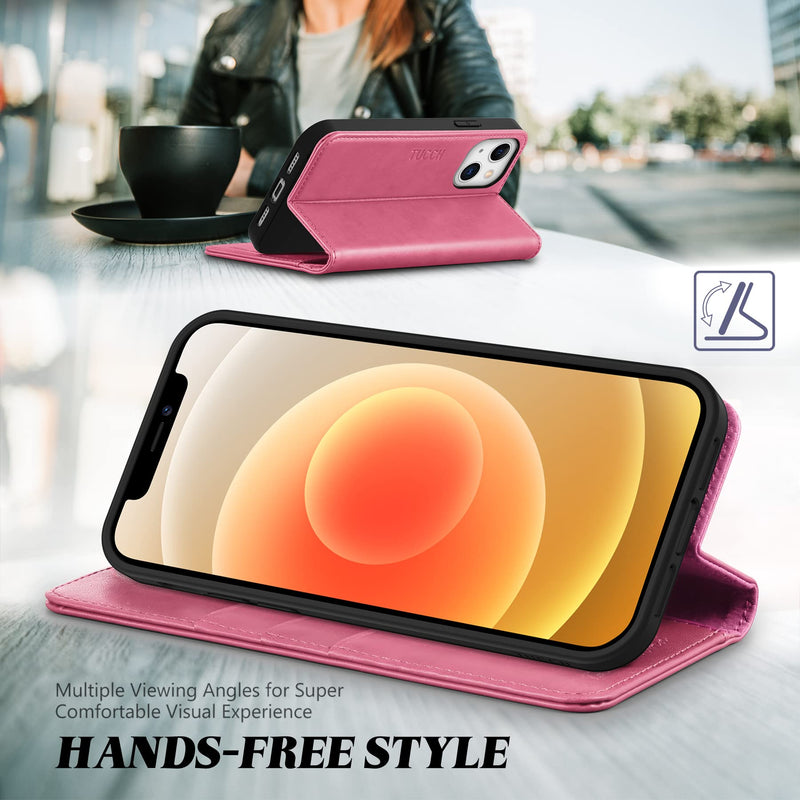 TUCCH Wallet Case for iPhone 13 5G, Credit Card Holder Money Slot Case Wallet, Kickstand PU Leather Folio Flip Cover [TPU Interior Protective Case] Compatible with iPhone 13 6.1", Hot Pink