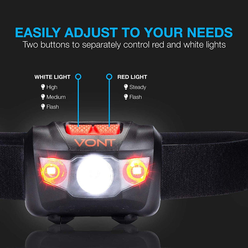 Vont LED Headlamp, Super Bright LEDs, Compact Build, 5 Modes, Headlight with White-Red LEDs, Comfy Adjustable Strap, IPX4 Waterproof, Use Head Lamp for: Running, Camping, Hiking Black & Red