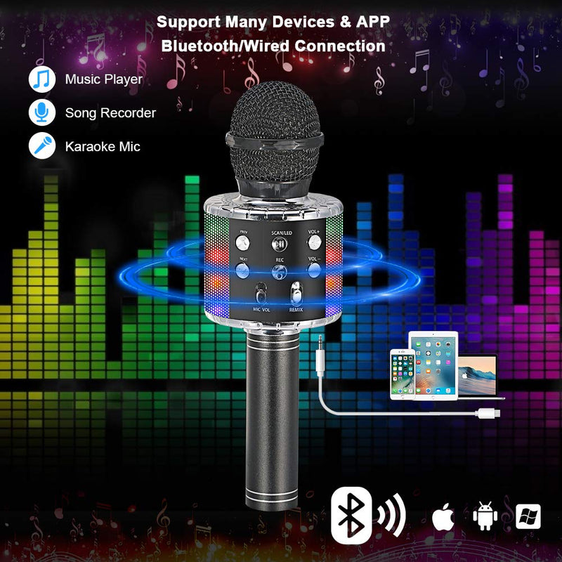 [AUSTRALIA] - Wireless Karaoke Microphone, Toy for Kids Adults 4 in 1 Wireless Bluetooth Handheld Karaoke Mic Speaker with LED Lights and Record Function Portable Singing Machine black 