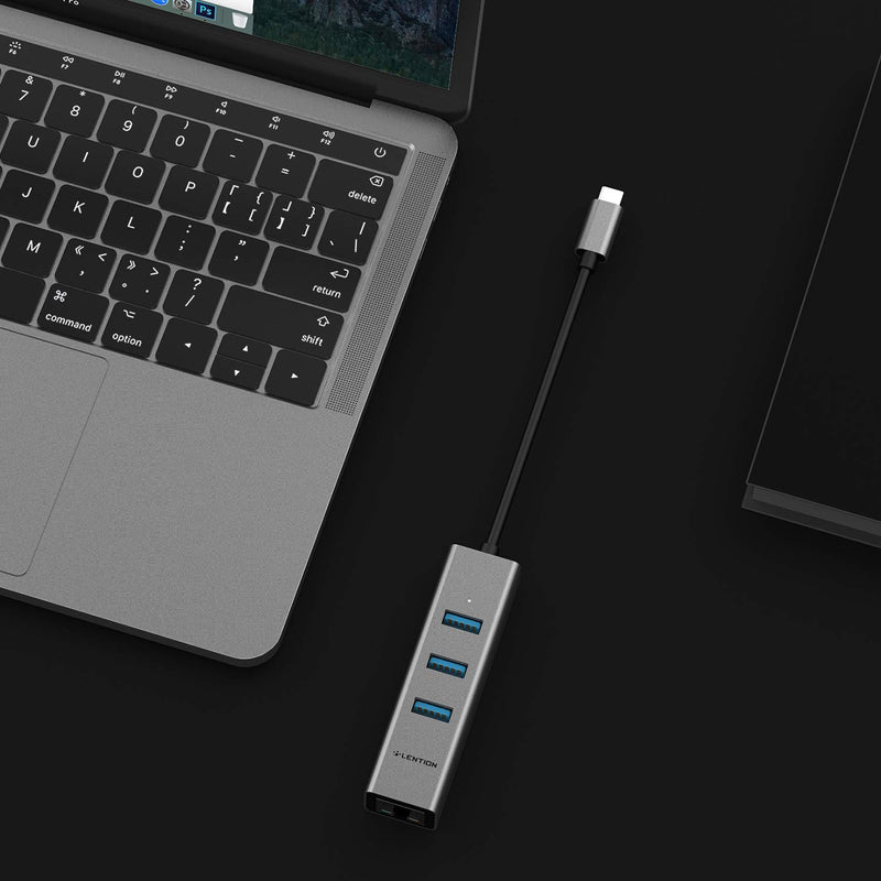 LENTION USB C to 3-Port USB 3.0 Hub, Ultra Slim with Gigabit Ethernet Compatible 2021-2016 MacBook Pro 13/15/16, New Mac Air/iPad Pro, Chromebook, More, Stable Driver Adapter (CB-C23s, Space Gray)