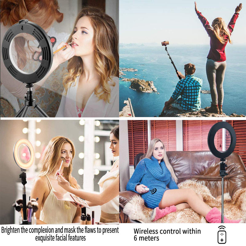 KEYUTE 6" Selfie Ring Light,Desktop Dimmable Camera LED Ring Light with Adjustable Tripod Stand and Bluetooth Remote for Makeup YouTube Video Photography (6inch Ring Light(Without Bluetooth), Black) 6inch ring light(without Bluetooth )