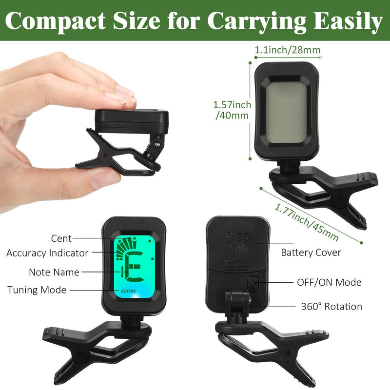Guitar Tuner and Guitar Capo Set, Includes 2 Clip-on Electric Guitar Tuner with Clear LCD Display, 2 Adjustable Guitar Capo and 6 Guitar Picks for Ukulele, Guitar, Bass, Mandolin, Violin, Banjo