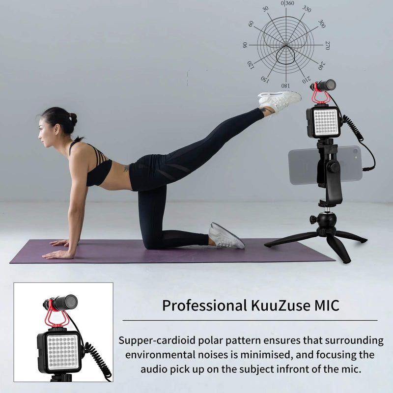 KuuZuse Smartphone Video Microphone Vlogger Kit with LED Light, Phone Holder,Tripod Compatible with iPhone11, 11 Pro, XS, XR, X, 8, 7, 6S, 6, Samsung, Huawei. for YouTube, TIK Tok, Filming, Vlogging