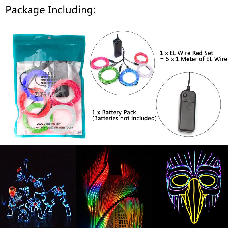 [AUSTRALIA] - Zitrades EL Wire Neon Lights Kit with Portable AA Battery Inverter for Halloween Christmas Party Decoration (White, Blue, Red, Green, Pink, 5 by 1-Meter) 5 By 1, Red,green,blue,white,pink 