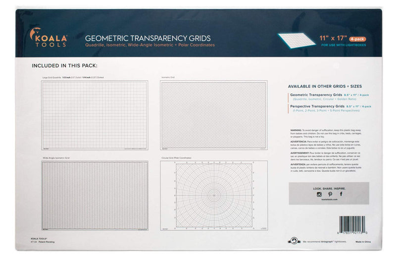 Koala Tools | Geometric Grid Transparency Sheets (Variety Pack of 4) - 11" x 17" | Overhead Projector and Light Box Transparencies - Tracing Film for Sketching & Drawing Geometric Grid - 11 x 17