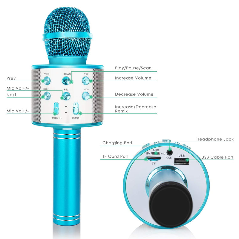 [AUSTRALIA] - KIDWILL Wireless Bluetooth Karaoke Microphone for Kids, 5-in-1 Portable Handheld Karaoke Mic Speaker Player Recorder with Adjustable Remix FM Radio for Kids Girls Boys Teens Birthday (858-Blue) Blue 