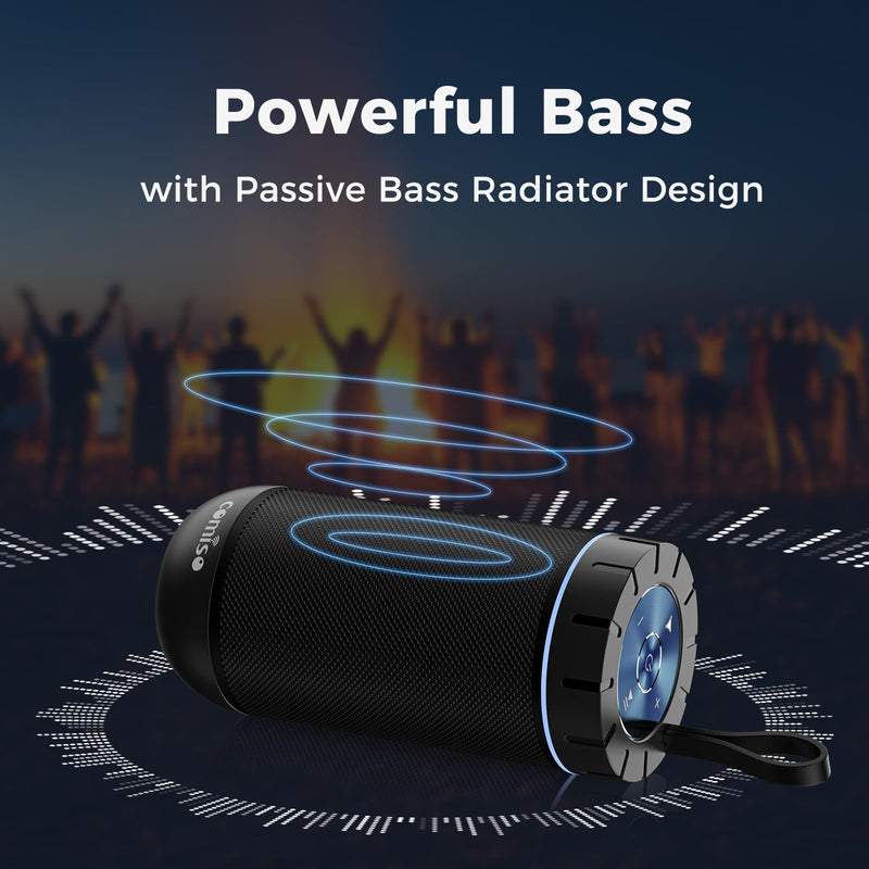 comiso X26 Bluetooth Speaker, IPX5 Waterproof Speakers 360° HD Surround Sound with Punchy Bass, Wireless Dual Pairing, 18H Playtime, Portable Speaker for Shower, Home, Outdoor, Camping, Beach - Black