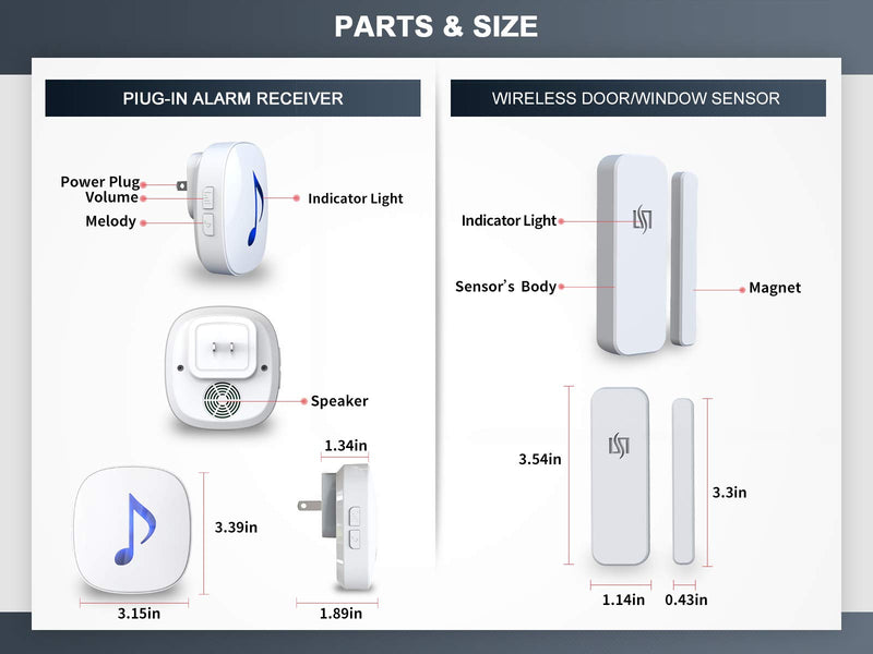 HTZSAFE Wireless Door/Window Magnetic Sensor Alarm-600 Feet Long Wireless Transmission Range-35 Classic Melodies Optional,4 Volume Levels & LED Flash-Home/Business DIY Burglar Alert Security System