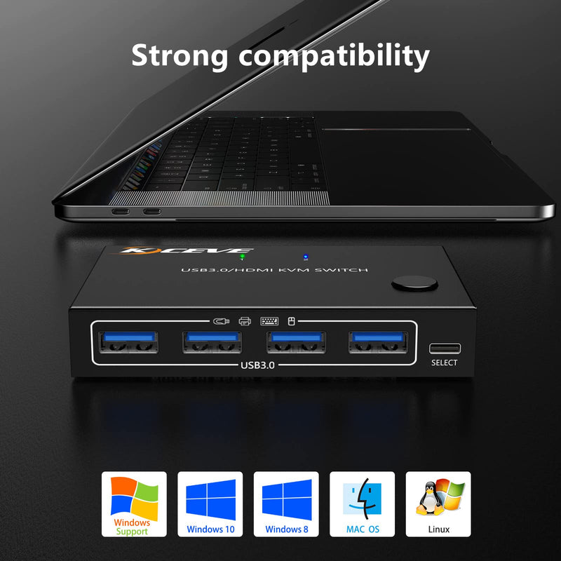 KVM Switch 2 Ports, HDMI USB 3.0 KVM Switcher Box with EDID-Emulator Function, Support 4K@60Hz Resolution for 2 Computers Share Mouse Keyboard and Monitor 2 IN 1 OUT USB 3.0 (With EDID)
