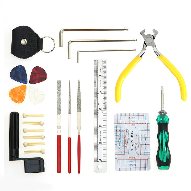 summina Guitar Repairing Maintenance Cleaning Tool Kit Includes String Ruler Gauge Measuring Tool Hex Wrench Set Files String Winder String Cutter Bridge Pins Picks Bag for Guitar Ukulele