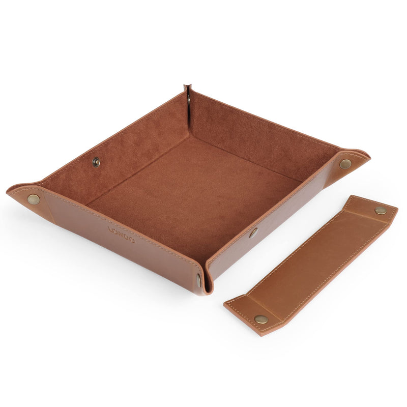 Londo Leather Tray Organizer - Practical Storage Box for Wallets, Watches, Keys, Coins, Cell Phones and Office Equipment Light Brown