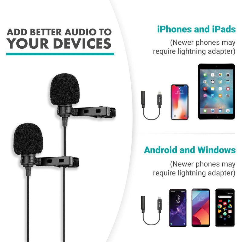 [AUSTRALIA] - Movo PM20 Dual Lavalier Microphone - Lapel Microphone Compatible with Apple iPhone, iPad, iPod Touch, Android and Windows Smartphones - Perfect Interview Microphone 