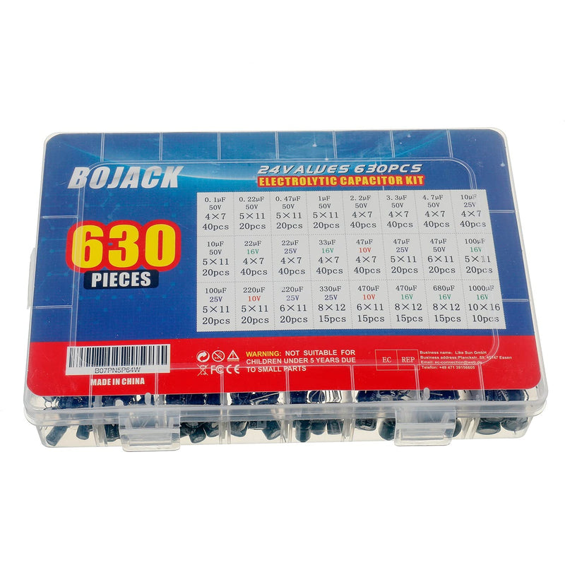 BOJACK 24Value 630pcs Aluminum Electrolytic Capacitor Assortment Box Kit Range 0.1uF－1000uF