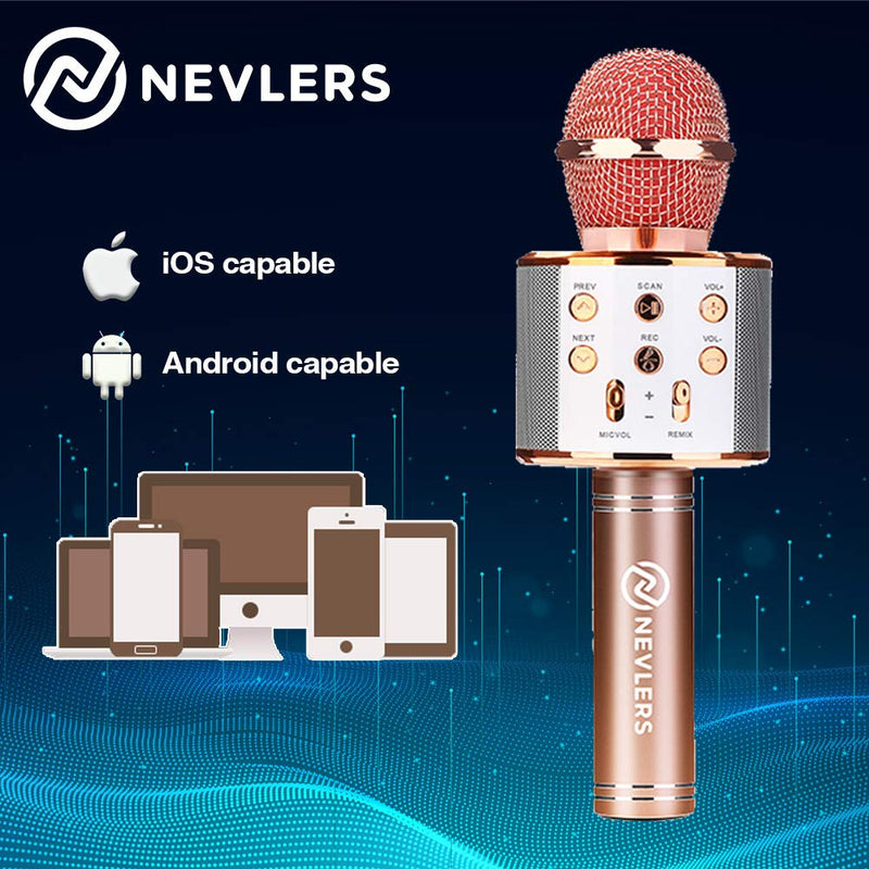 Nevlers Karaoke Microphone with Wireless Bluetooth Speaker and Recording Options, Easy to Use Portable Handheld Karaoke Machine for Kids and Adults - Rose