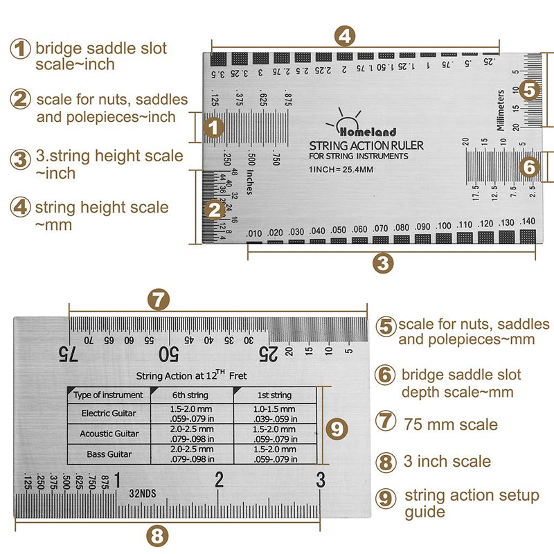 [AUSTRALIA] - Alnicov Stainless Steel String Action Ruler Guitar Setup Gauge Luthier Measuring Tool with User Guide for Electric, Acoustic & Bass Guitars 