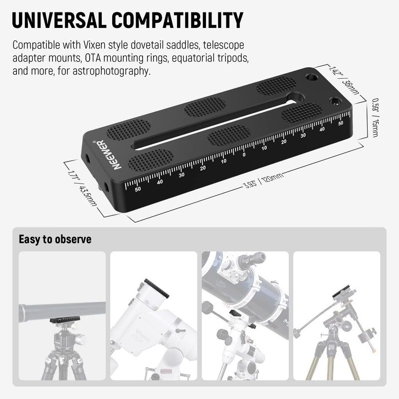 NEEWER 4.72"/120mm Rail Bar Vixen Style Dovetail Plate, Metal Mounting Plate Saddle with 1/4" 3/8" D Ring Screw for Telescope Mount Adapter Base OTA Equatorial Tripod Sky Astrophotography, QR005