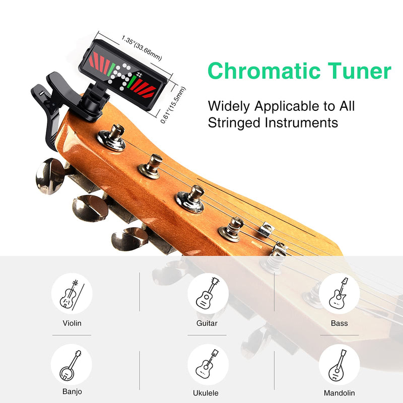 Guitar Tuner, Mini Tuner Clip-on Tuner Bass Tuner Digital Tuner Chromatic Tuner with Bright Colorful Display for Guitars, Bass, Violin, Ukulele, Mandolin Chromatic Tuning Mode