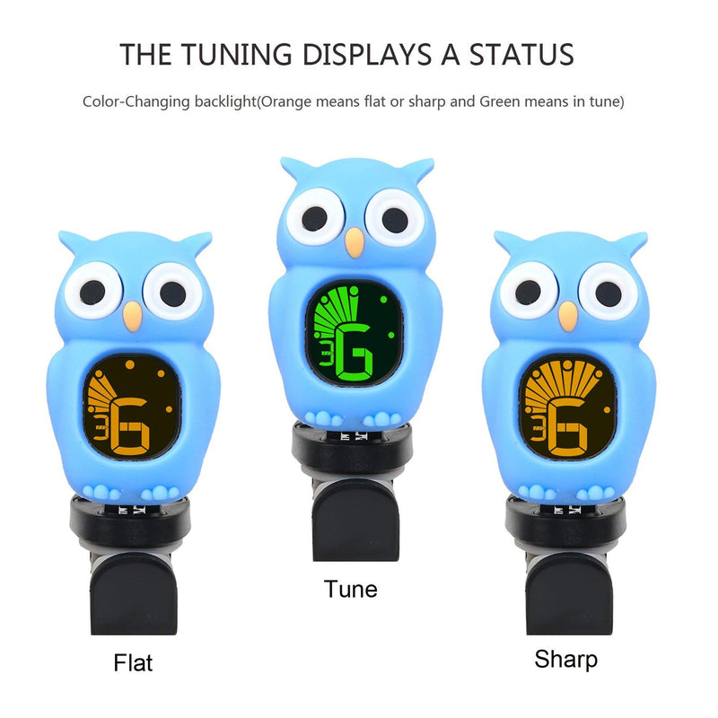 Rinastore Clip-On Owl Tuner for Guitar, Bass,Ukulele & Violin (Blue) Blue