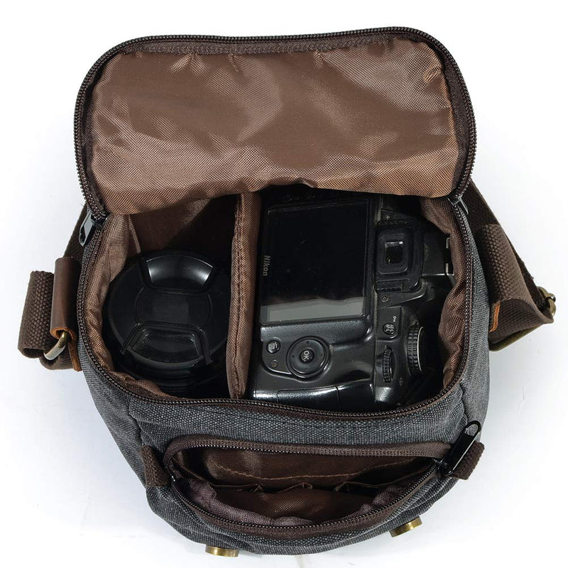 Waterproof Camera Bag/Case, Vintage Canvase Leather Trim DSLR SLR Camera Shoulder Messenger Sling Bag for for Nikon, Canon, Sony, Pentax, Olympus Panasonic, Samsung & Many More Dark Grey