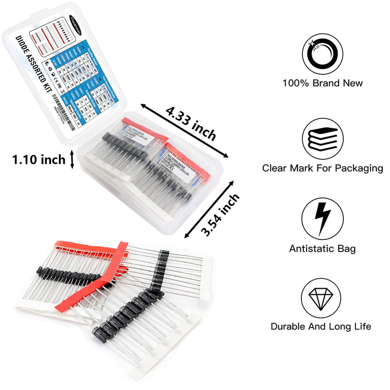 350Pcs 14 Values Diodes Assortment Kit, YIWANSON 1N4001 Diode 1N4004 1N4007 1N4148 1N5404 1N5406 1N5408 RL207 FR107 FR207 UF4007 1N5817 1N5819 1N5822 Schottky/Rectifier/Fast Recovery/Switch Diode
