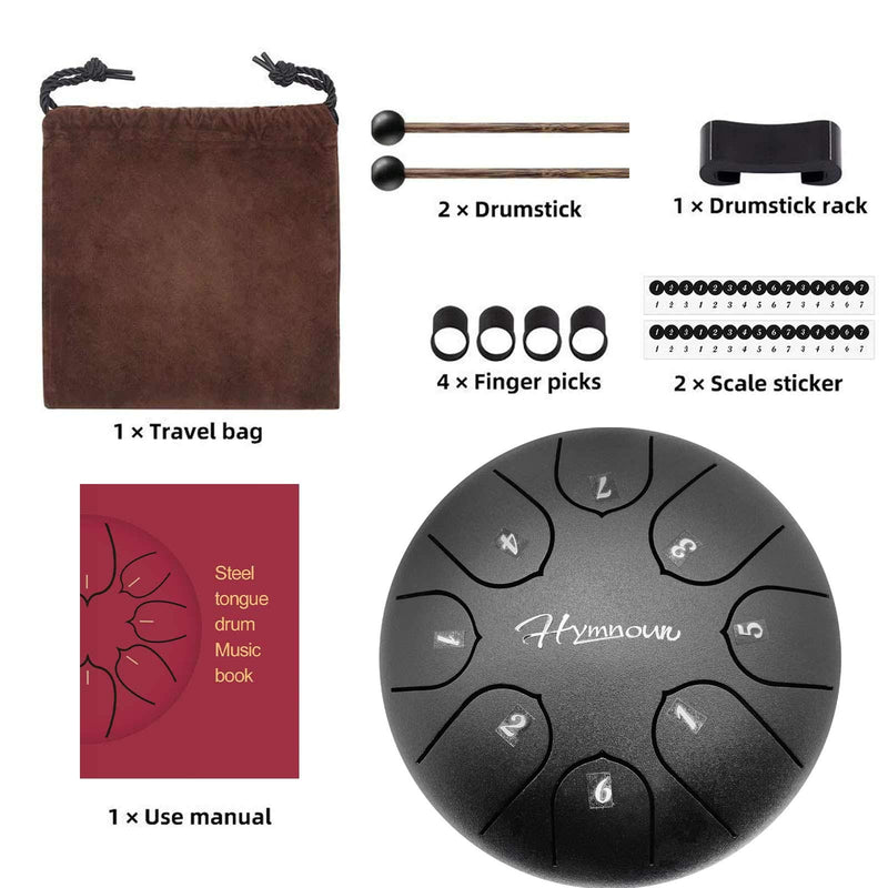 Steel Tongue Drum, 8-note 6-inch drum set percussion instrument Handpan Drum with Bag, Music Book, Mallets for Musical Education Concert Mind Healing Yoga Meditation(Black) 6inch8note Black