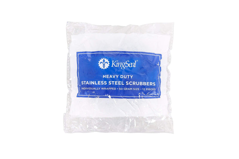 KingSeal Individually Wrapped 50 Gram Stainless Steel Scrubbers, Heavy Duty, Single Coil (1 Pack of 12 Each) 1 Pack of 12 each