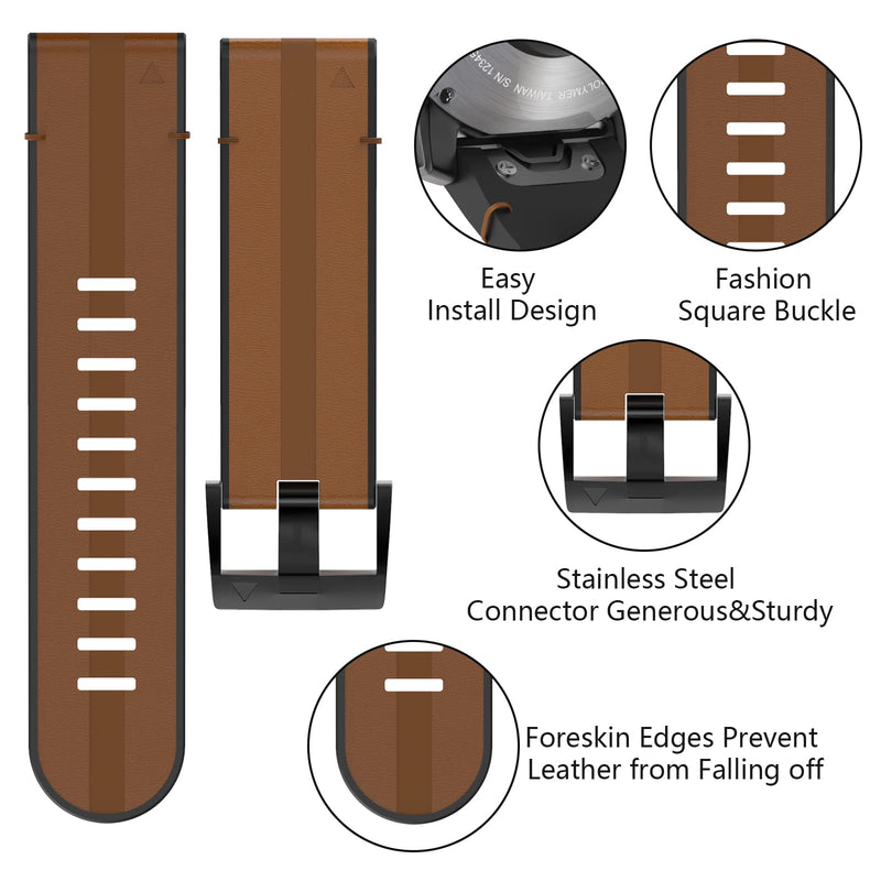 Leather Watch Bands for Fenix 6X / Fenix 5X, Quick Fit 26mm Soft Genuine Leather with Silicone Sweatproof Wrist Strap for Garmin Fenix 6X Pro Brown