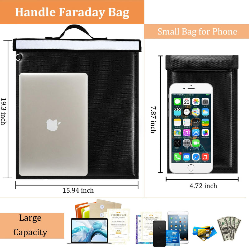 Large Faraday Bag with Handle & 1 X Faraday Bags for Phones, 16''x19'' Block Signal Faraday Cage, Waterproof & Fireproof Faraday Key Fob Protector with Reflective Strip, Anti-Theft Faraday Pouch 2200℉ 2pcs
