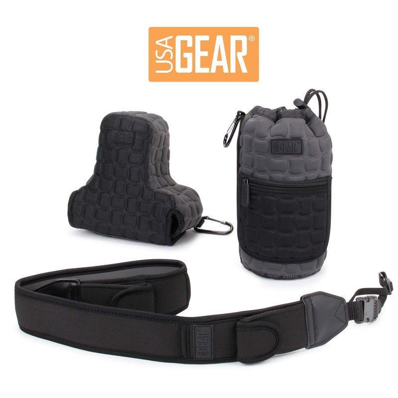 USA GEAR FlexARMOR-X Large Lens Case Pouch with Deluxe Padded Neoprene Protection - Holds Lens up to 70-300mm with Drawstring Opening, Built-in Carabiner Clip, Reinforced Belt Loop and Zippered Pocket Black and Gray