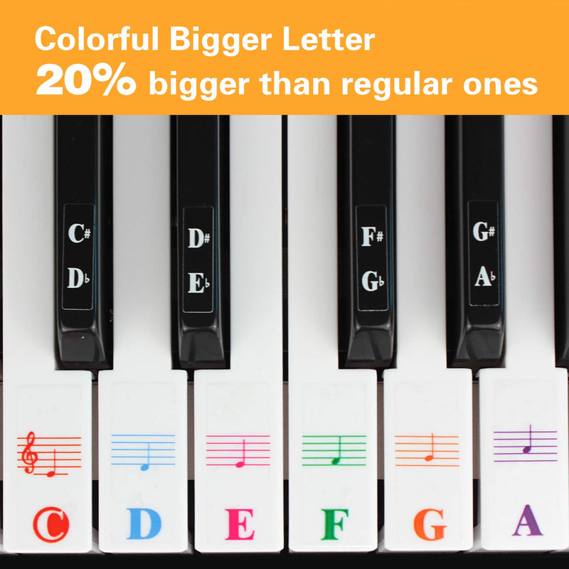 Piano Keyboard Stickers for 88/61/54/49/37 Key.Colorful Bigger Letter,Thinner Material,Transparent Removable,with Cleaning Cloth 88 Keys Large Bolded Letter Multi-Colored