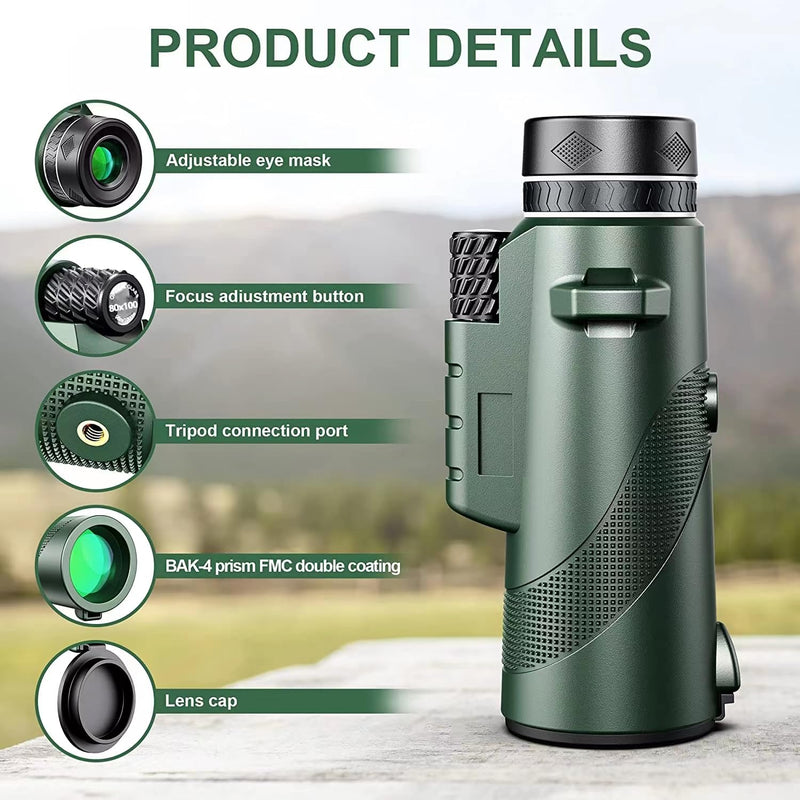 New 2023 12x50 Monocular Telescope for Adults ，Monocular Telescope for Adultsmonocle with Smart Phone Stand for Hunting, Bird Watching, Wildlife Camping, Hiking and Gifts.
