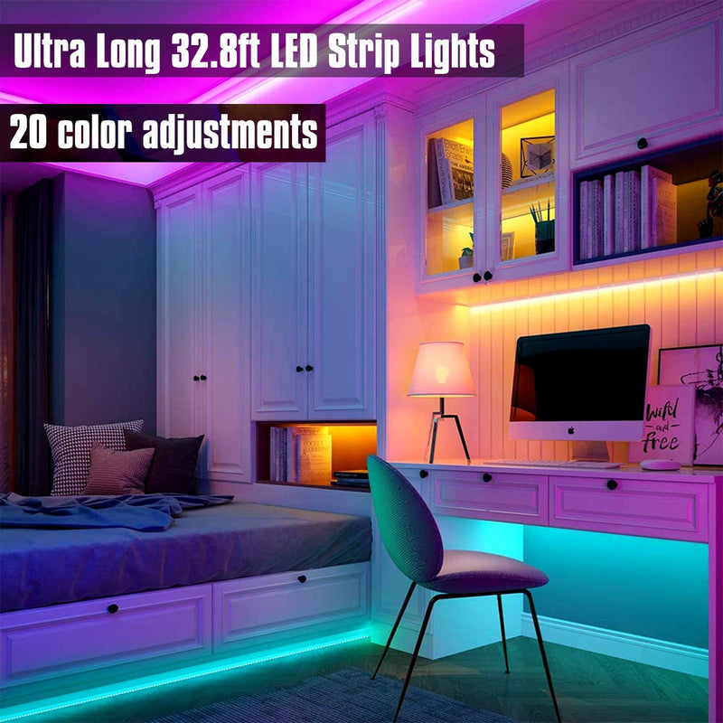 LED Strip Lights, 32.8ft 5050 RGB LED Color Changing Lights Strip with 44 Keys IR Remote and 12V Power Supply for Home, Bedroom, Kitchen, Cabinet & DIY Decoration Multicolored