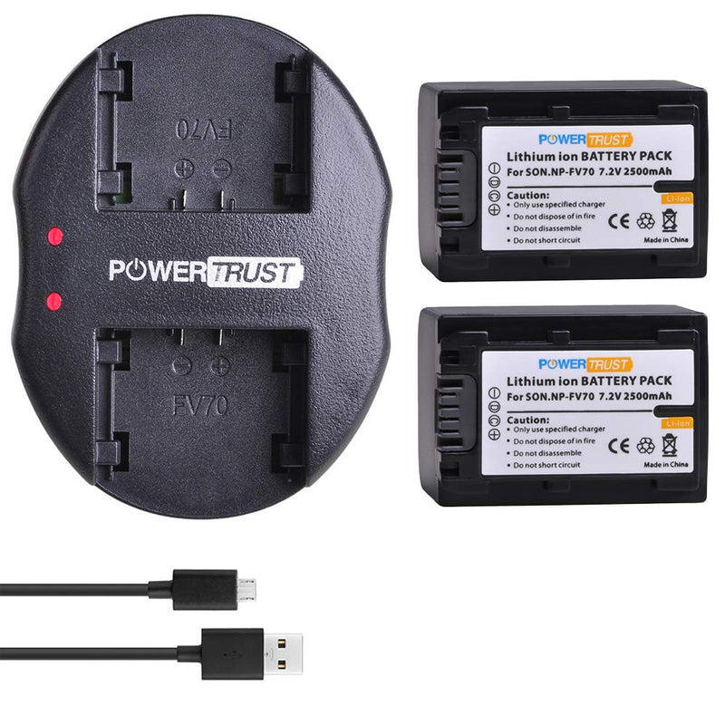 PowerTrust 2-Pack NP-FV70 FV70 Battery + USB Dual Charger for Sony NP-FV50 FV30 HDR-CX230 HDR-CX150E HDR-CX170 HDR-CX455 HDR-CX675 HDR-CX900 HDR-PJ340 HDR-PJ540 HDR-PJ670 FDR-AX53 FDR-AX700