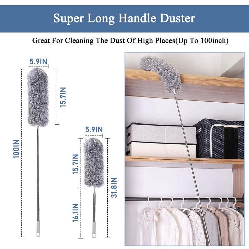 [AUSTRALIA] - Microfiber Duster for Cleaning, 100" Extension Pole Telescoping Duster, Bendable & Washable Dusters for Clean Cobwebs, Ceiling Fan, High Ceiling, Blinds, Furniture, Cars Gray 
