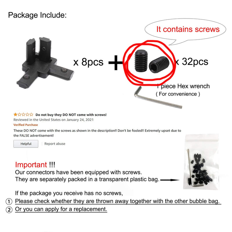 [AUSTRALIA] - 8Pcs Black 3-Way End Corner Bracket Connector for European Standard Aluminum Extrusion Profile 2020 Series Slot 6mm with Screws 