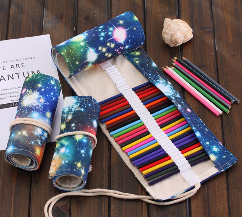 Coideal 36 Slots Canvas Pencil Wrap Roll Up Case Colored Pen Pencil Holder for Kids and Adults, Travel Drawing Coloring Pencils Roll Up Pouch Bag Organizer for Artist (Star Universe)